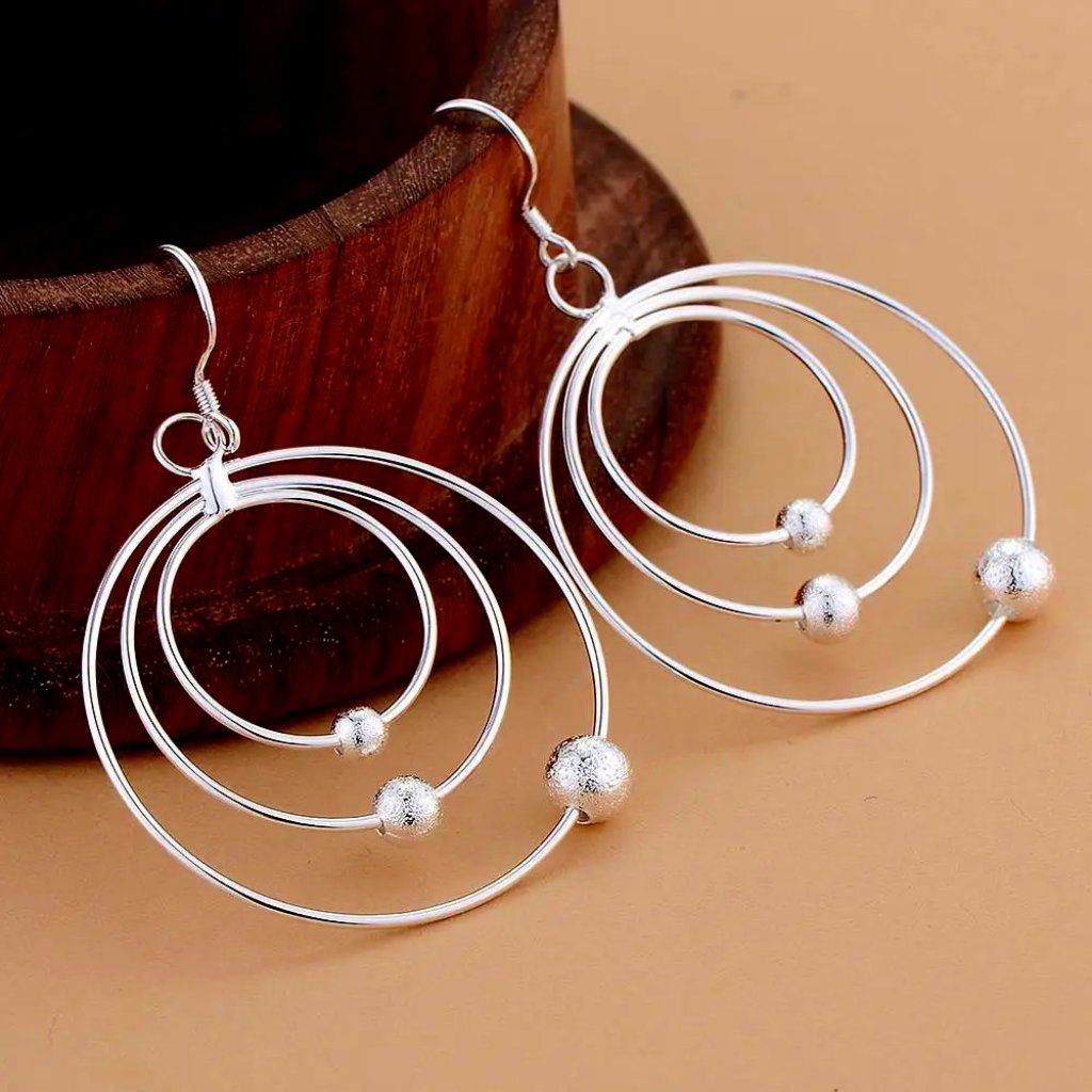 Gorgeous 3 Circles With Beads Hanging Earrings, Sterling Silver 